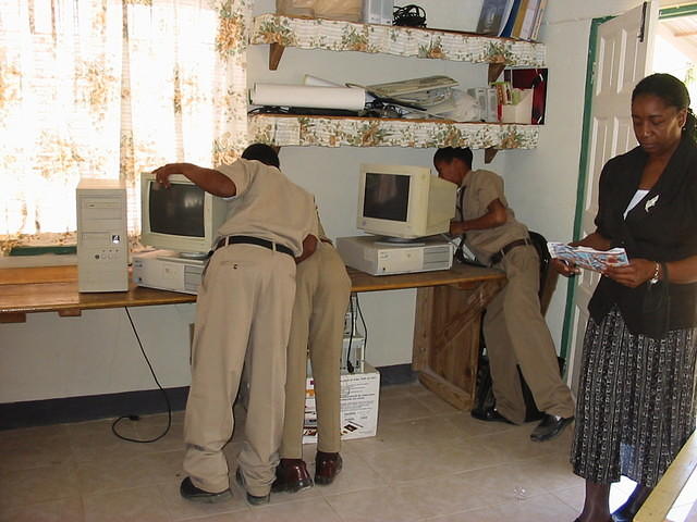Grade 6 at Whitehall School set up PCs recently donated by Rasta Stan & Betty in Canada
